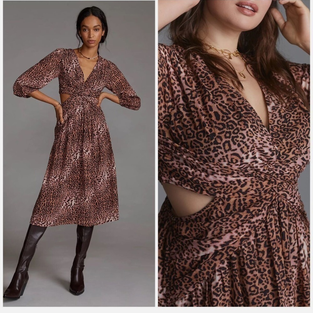 New nwt | Anthropologie | ranna Gill leopard print cutout l/s midi dress | Small